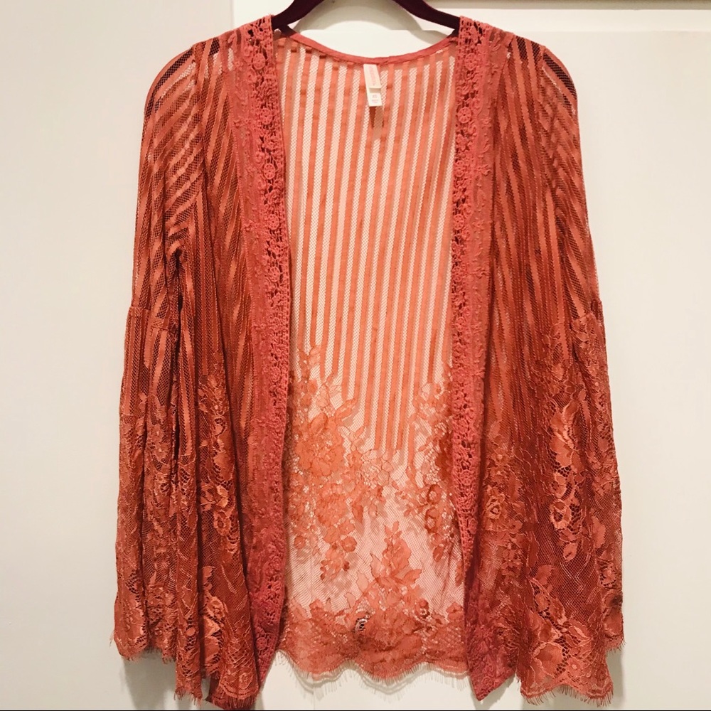 Dusty Rose Sheer Embroidered Cardigan Lace Duster